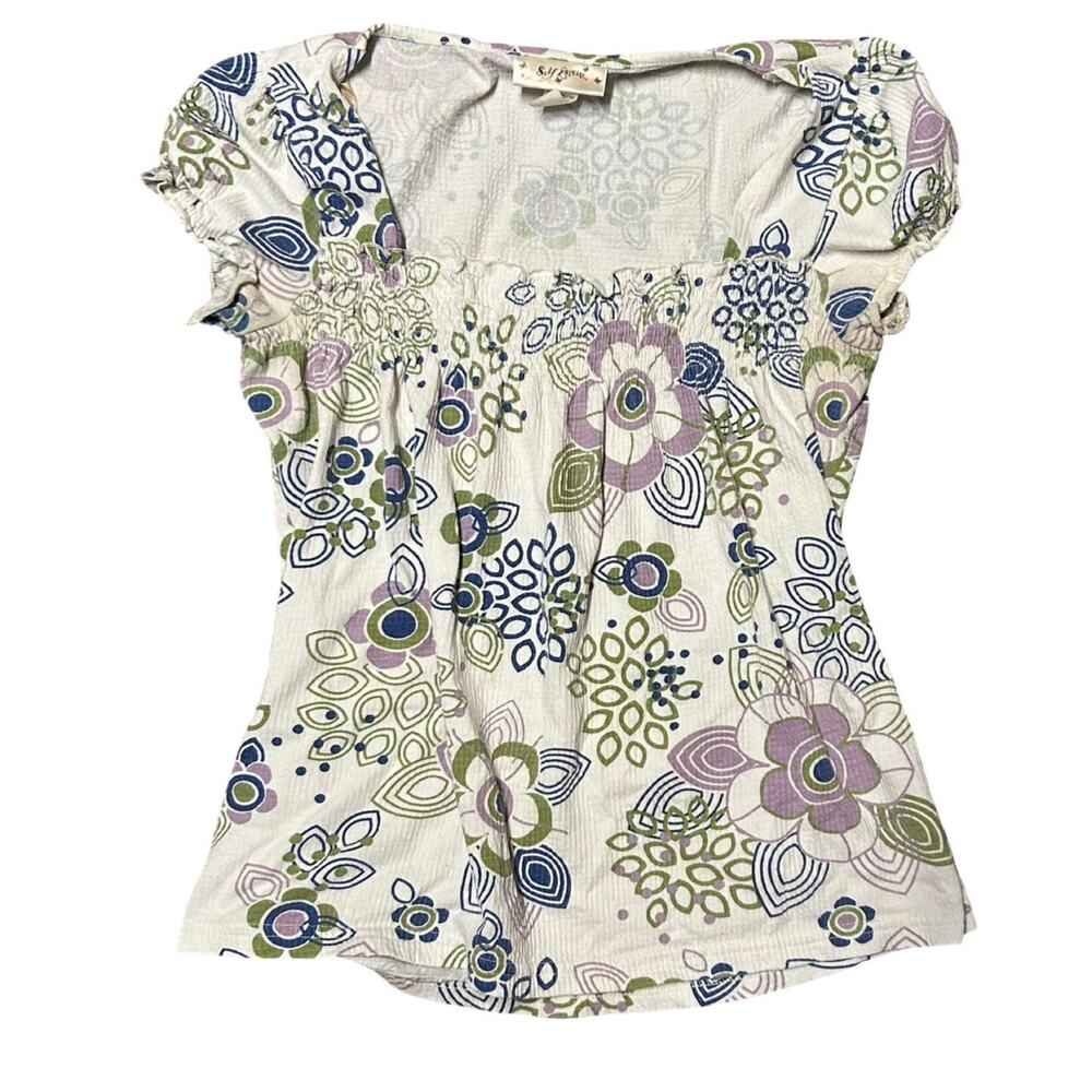 Y2K Self Esteem Smocked Square Neck Top Juniors Medium White Floral Boho Cottage